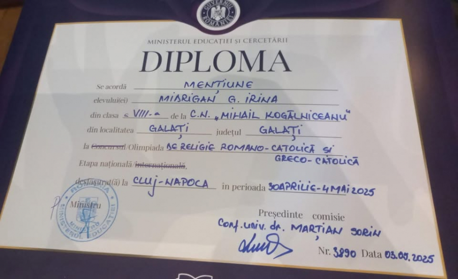 Mențiune pentru Galați la Olimpiada Națională de Religie Catolică