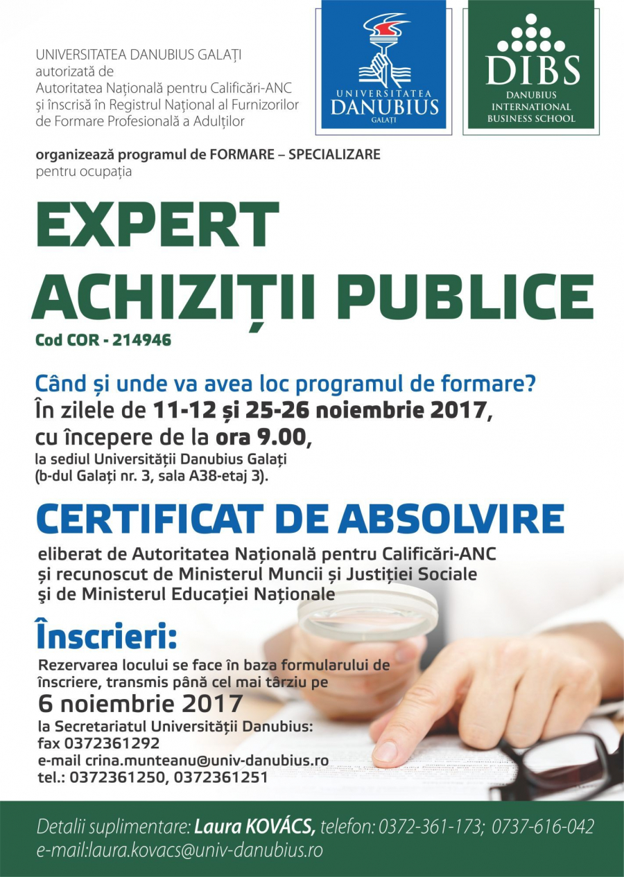 EXPERT ACHIZIȚII PUBLICE - PROGRAM DE FORMARE-SPECIALIZARE AUTORIZAT DE AUTORITATEA NAȚIONALĂ PENTRU CALIFICĂRI