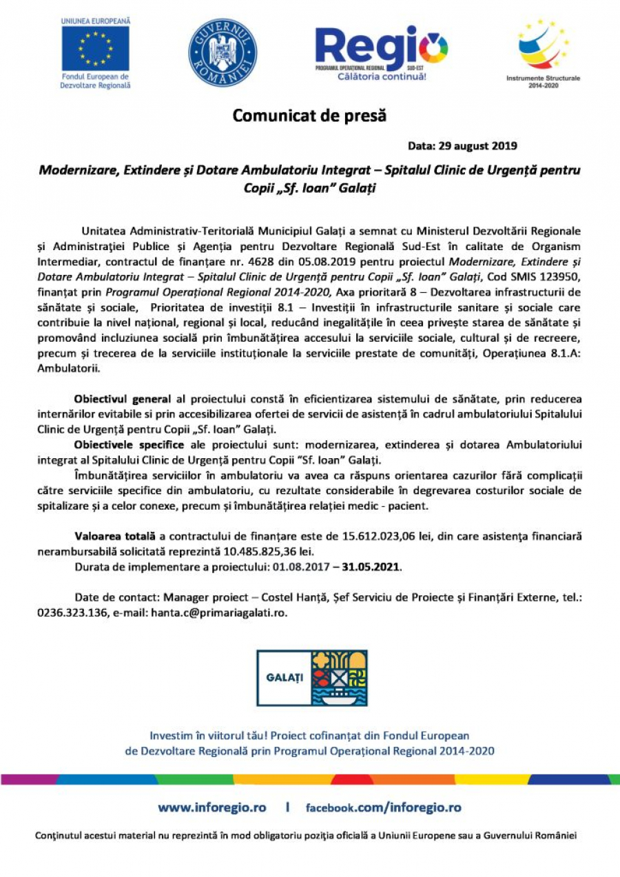 Modernizare, extindere și dotare Ambulatoriu Integrat – Spitalul Clinic de Urgență pentru Copii „Sf. Ioan” Galați