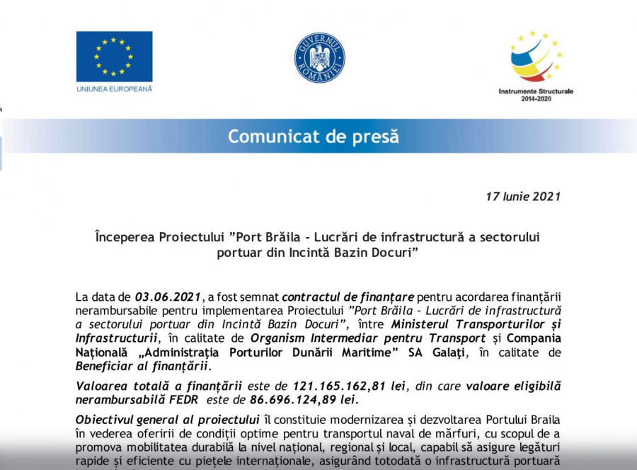 Începerea Proiectului „Port Brăila - Lucrări de infrastructură a sectorului portuar din Incintă Bazin Docuri”