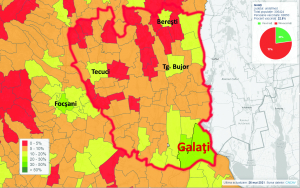 Doar municipiul Galați și comuna Vânători apar cu verde, ceea ce înseamnă că au peste 20 la sută din locuitori vaccinați