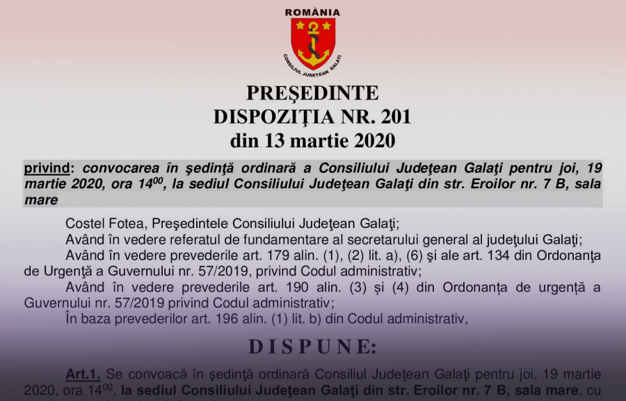 Convocare în şedinţă ordinară a Consiliului Judeţean Galaţi