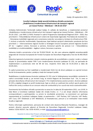 Consiliul Judeţean Galaţi anunță închiderea oficială a proiectului „Reabilitarea și modernizarea infrastructurii de transport regional pe traseul Pechea – Măstăcani – DN 26 (DJ 255)”
