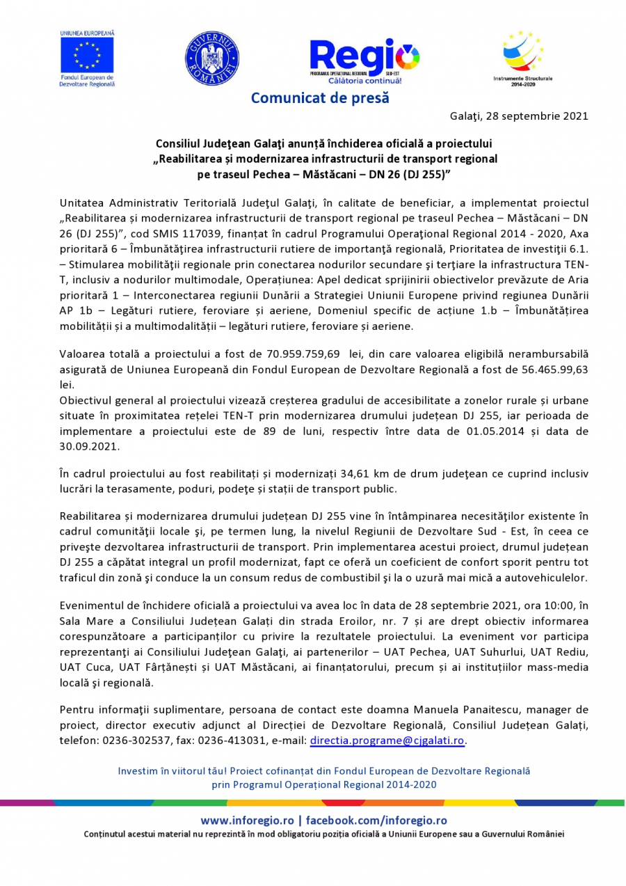 Consiliul Judeţean Galaţi anunță închiderea oficială a proiectului „Reabilitarea și modernizarea infrastructurii de transport regional pe traseul Pechea – Măstăcani – DN 26 (DJ 255)”