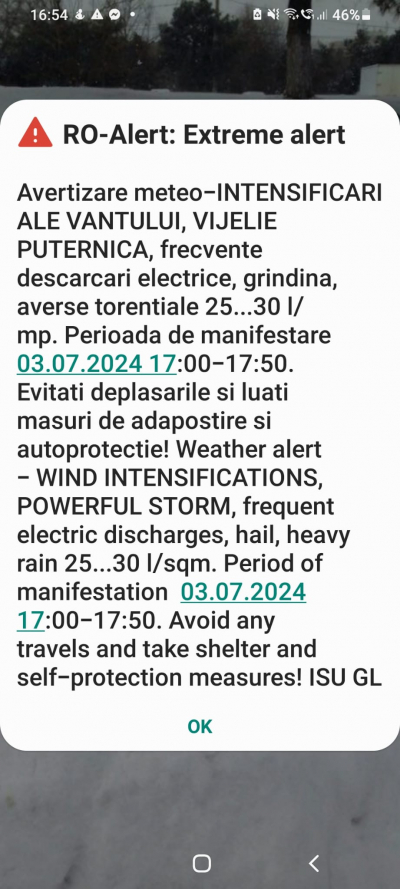 Avertizare RO-alert, după ce începuseră ploaia şi furtuna