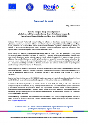 Consiliul Judeţean Galaţi lansează proiectul ”Extindere, reabilitare, modernizare și dotare Ambulatoriu Integrat de  Specialitate al Spitalului Orășenesc Târgu Bujor”, SMIS 123669
