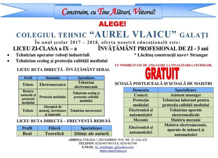 OFERTA EDUCAȚIONALĂ 2017 a Colegiului Tehnic ”Aurel Vlaicu” din Galați