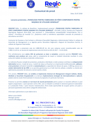 Lansarea proiectului TEHNOLOGIE PENTRU FABRICAREA DE PĂRȚI COMPONENTE PENTRU MAȘINILE DE UTILIZARE GENERALĂ