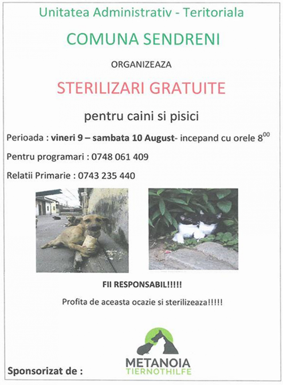 Sterilizare gratuită în comuna Şendreni