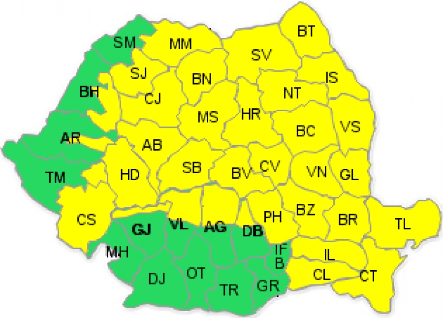 COD GALBEN de ploi torențiale și instabilitate atmosferică în 35 de județe, printre care și Galați