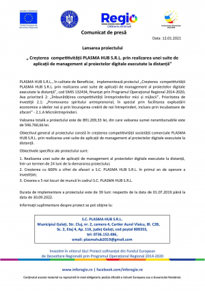 Lansarea proiectului „Creșterea competitivității PLASMA HUB S.R.L. prin realizarea unei suite de aplicații de management al proiectelor digitale executate la distanță”