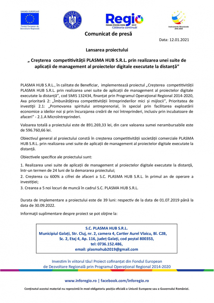 Lansarea proiectului „Creșterea competitivității PLASMA HUB S.R.L. prin realizarea unei suite de aplicații de management al proiectelor digitale executate la distanță”