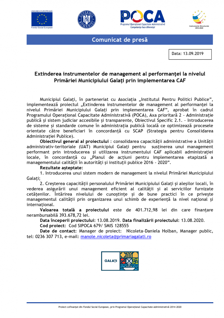 Extinderea instrumentelor de management al performanţei la nivelul Primăriei Municipiului Galaţi prin implementarea CAF