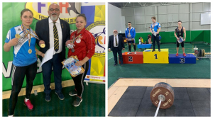 Mariana Tăbăcaru, Bianca Grigoraș și antrenorul Costel Dimofte (stânga) - Constantin Carp, pe podium (dreapta)