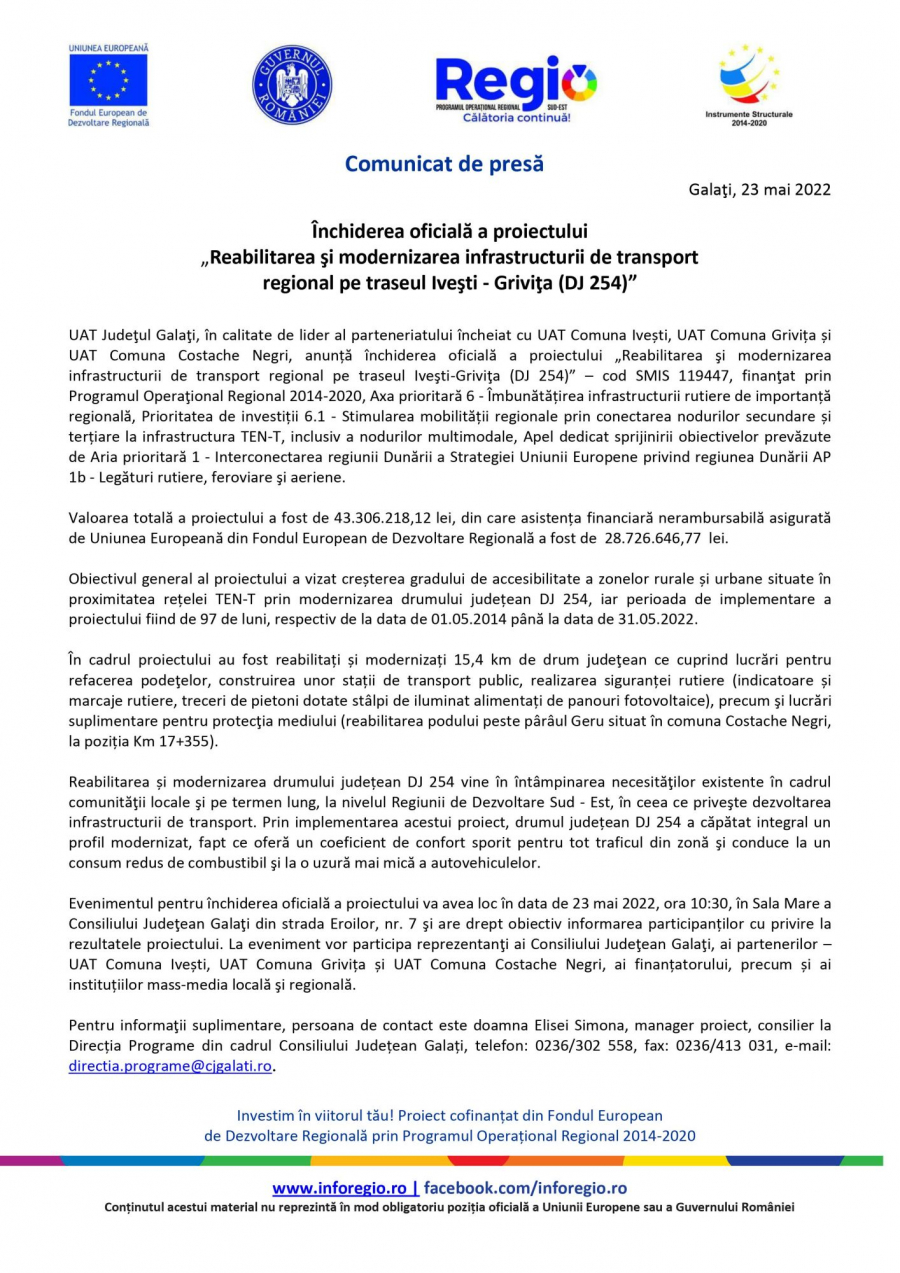 Închiderea oficială a proiectului „Reabilitarea şi modernizarea infrastructurii de transport regional pe traseul Iveşti - Griviţa (DJ 254)”