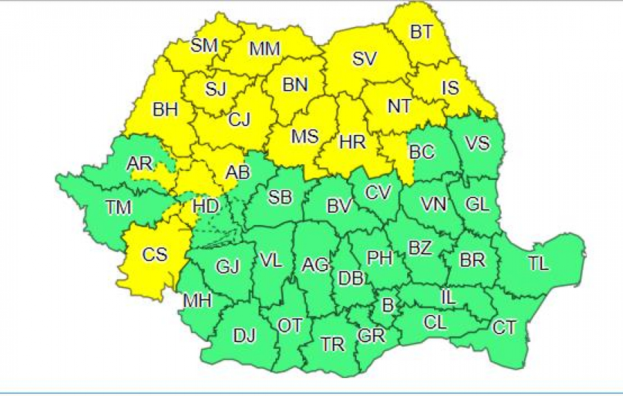 Ploi torenţiale, descărcări electrice şi căderi de grindină. COD GALBEN în 18 judeţe