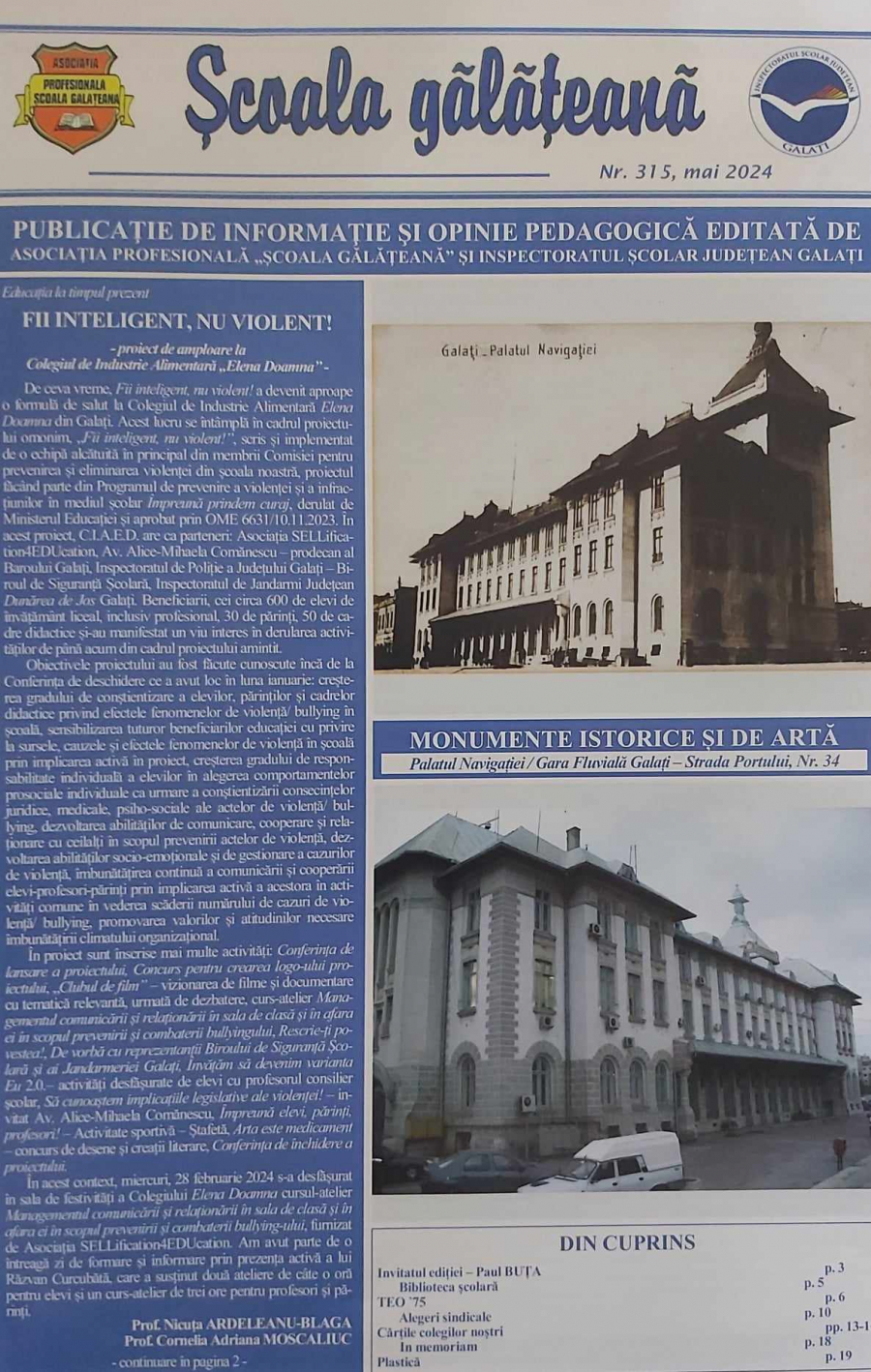 Revista ”Şcoala gălăţeană” nr. 315 - proiecte, aniversări, repere