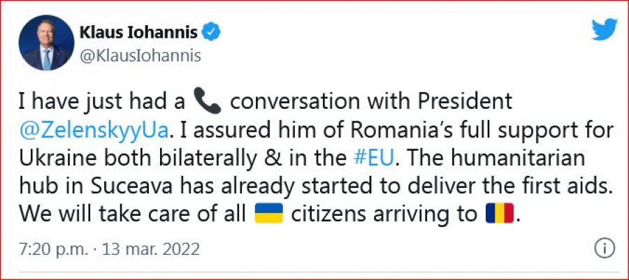 Convorbire telefonică Klaus Iohannis - Volodimir Zelenski