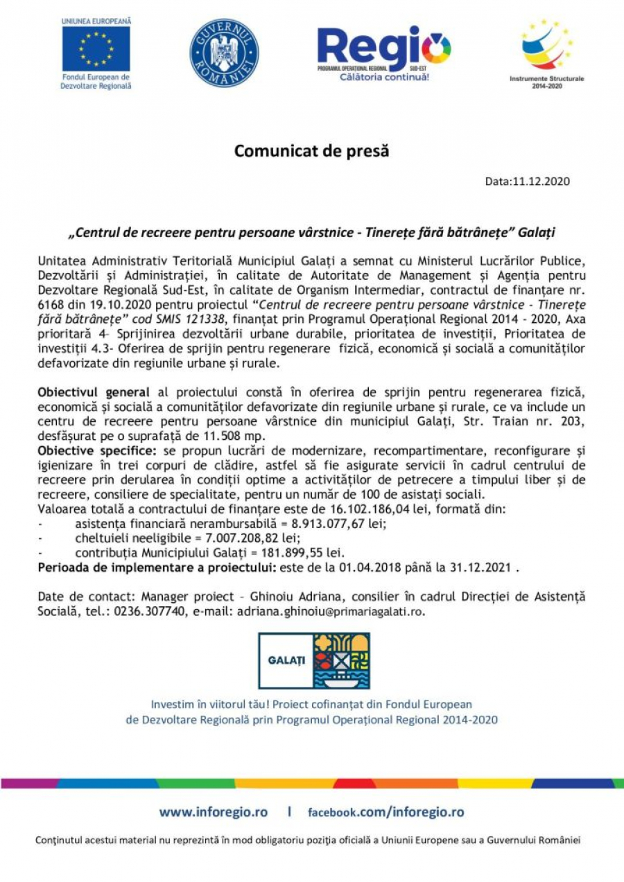 „Centrul de recreere pentru persoane vârstnice - Tinerețe fără bătrânețe” Galați