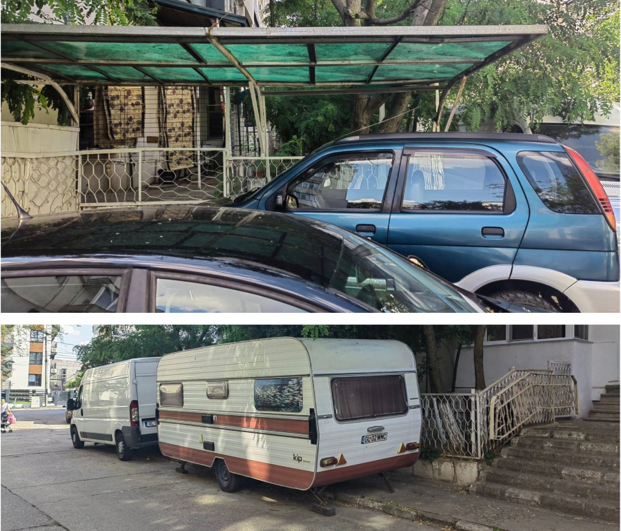 Copertină improvizată și rulotă abandonată în buricul târgului