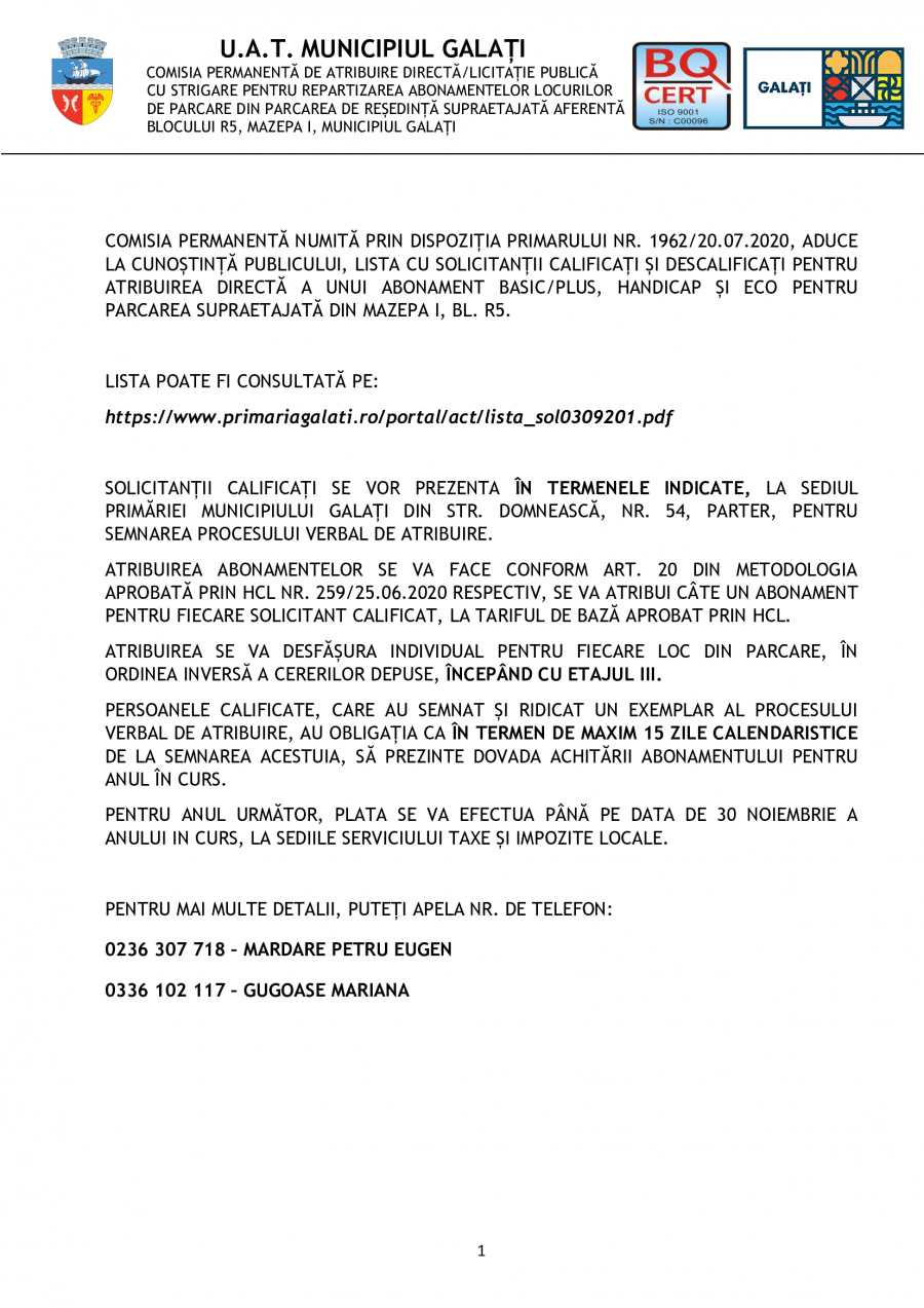 Lista cu solicitanții calificați și descalificați pentru atribuirea directă a unui abonament pentru parcarea supraetajată din Mazepa I