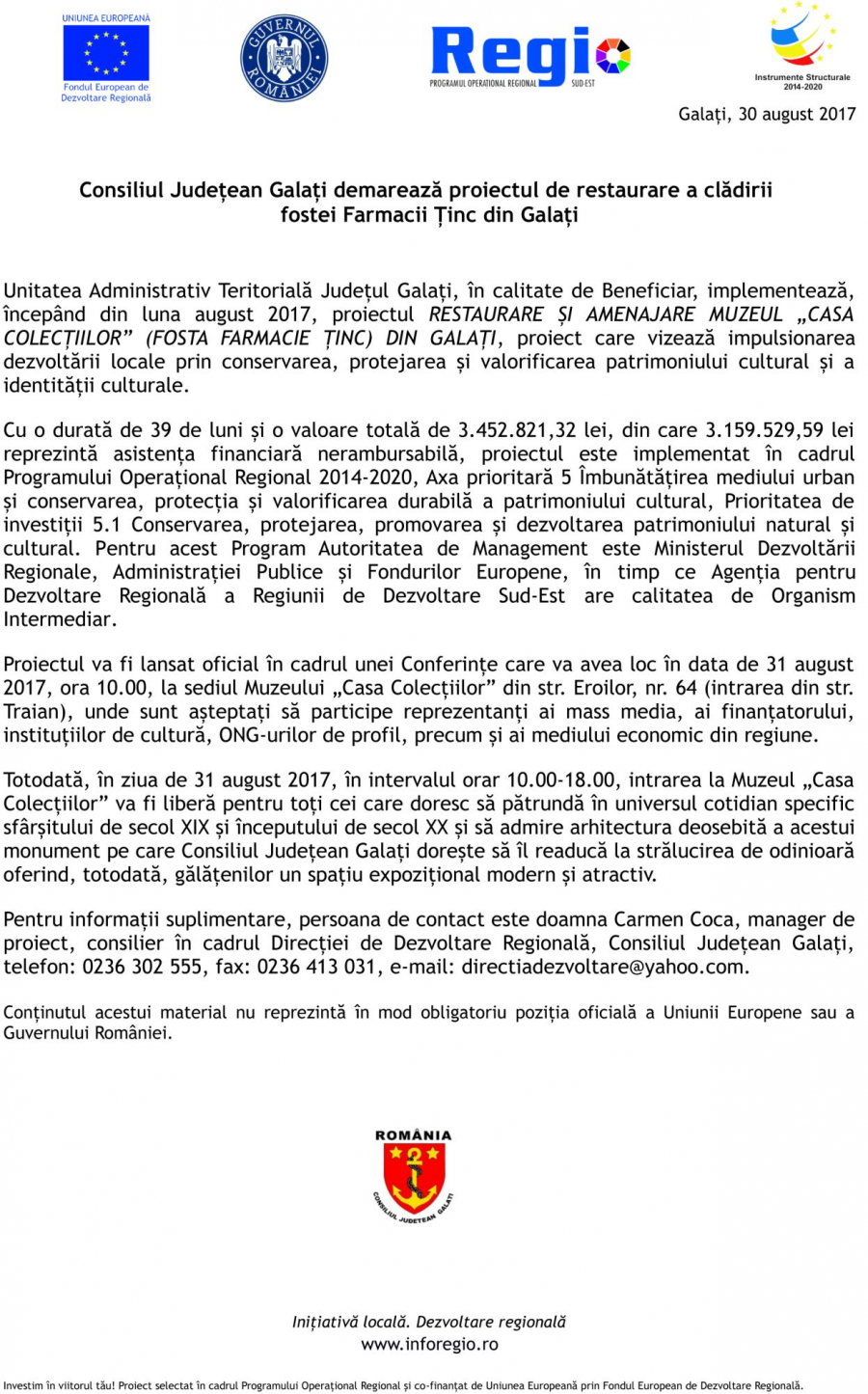 Consiliul Judeţean Galaţi demarează proiectul de RESTAURARE a clădirii fostei Farmacii Ţinc din Galaţi