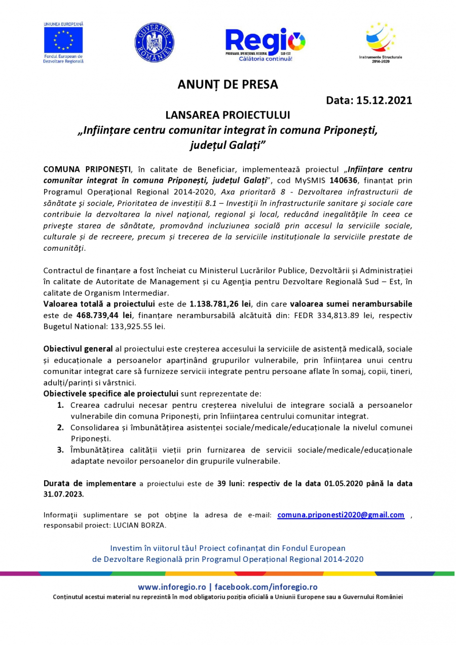 LANSAREA PROIECTULUI „Inființare centru comunitar integrat în comuna Priponești, județul Galați”