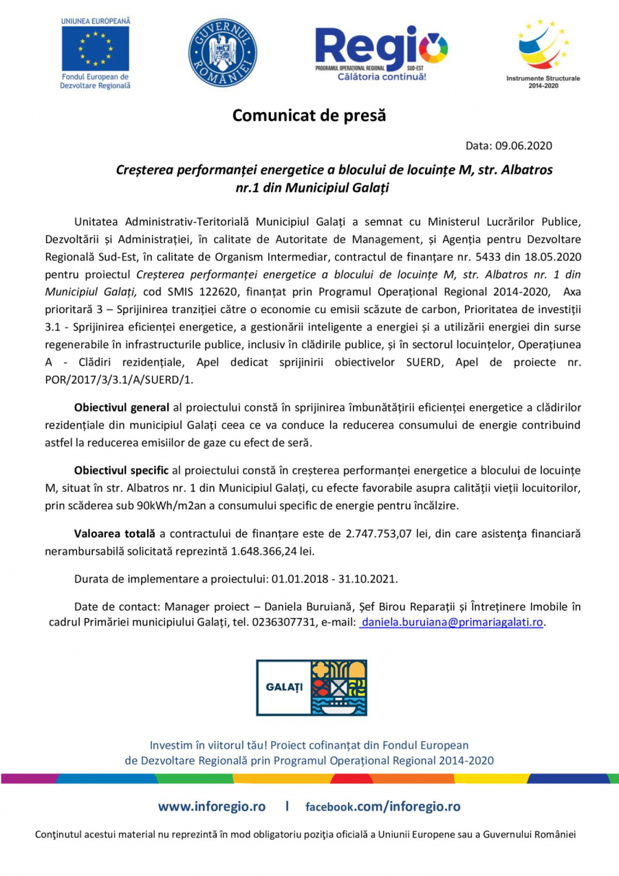 Creșterea performanței energetice a blocului de locuințe M, str. Albatros nr.1 din Municipiul Galați