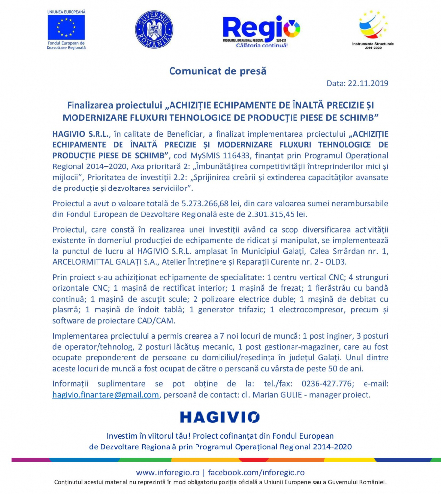 Finalizarea proiectului „ACHIZIȚIE ECHIPAMENTE DE ÎNALTĂ PRECIZIE ȘI MODERNIZARE FLUXURI TEHNOLOGICE DE PRODUCȚIE PIESE DE SCHIMB”
