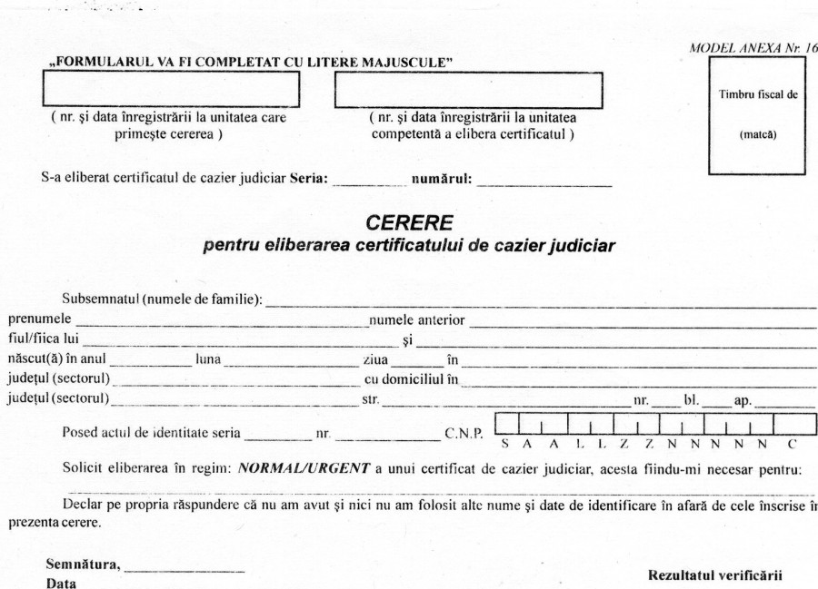 Cerere eliberare cazier judiciar 2017