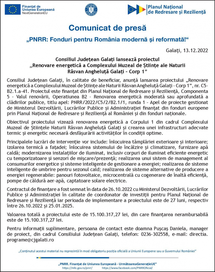 Consiliul Judeţean Galaţi lansează proiectul  „Renovare energetică a Complexului Muzeal de Științe ale Naturii  Răsvan Angheluță Galați – Corp 1”