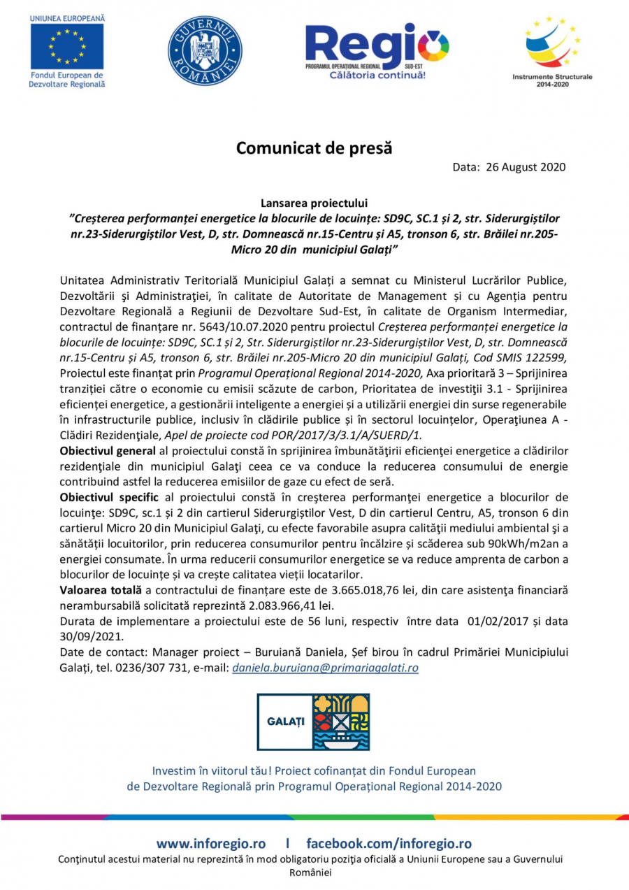 Lansarea proiectului ”Creșterea performanței energetice la blocurile de locuințe: SD9C, SC.1 și 2, str. Siderurgiștilor nr.23-Siderurgiștilor Vest, D, str. Domnească nr.15-Centru și A5, tronson 6, str. Brăilei nr.205-Micro 20 din municipiul Galați”