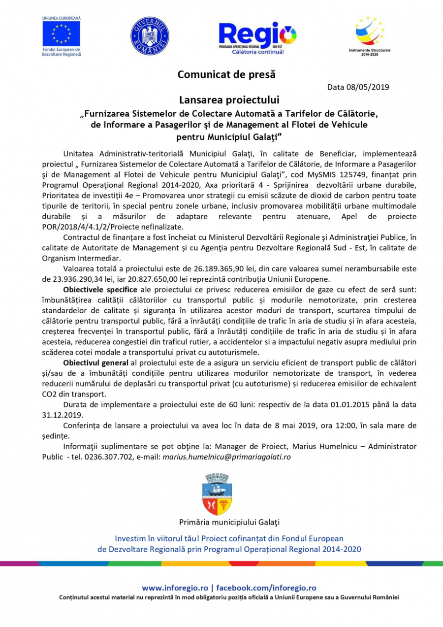 Lansarea proiectului ”Furnizarea Sistemelor de Colectare Automată a Tarifelor de Călătorie, de Informare a Pasagerilor şi de Management al Flotei de Vehicule pentru Municipiul Galaţi”