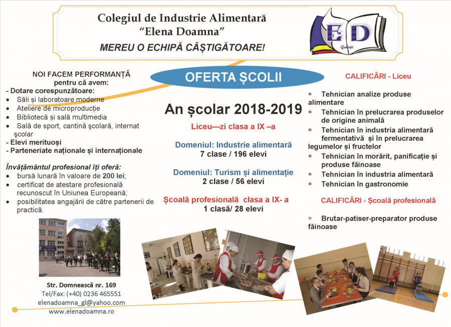 OFERTA EDUCAȚIONALĂ 2018-2019 a Colegiului de Industrie Alimentară ”Elena Doamna” din Galați