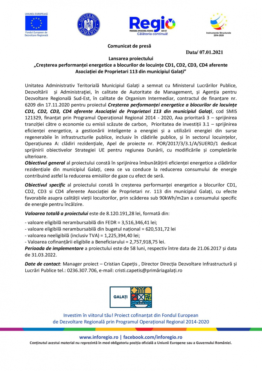 Lansarea proiectului „Creșterea performanței energetice a blocurilor de locuințe CD1, CD2, CD3, CD4 aferente Asociației de Proprietari 113 din municipiul Galați”