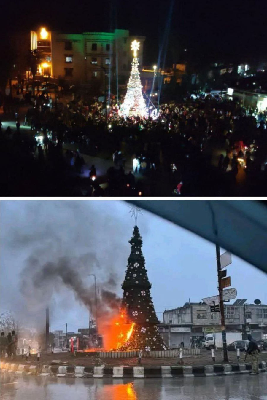 Brad de Crăciun, incendiat de jihadiștii din Siria
