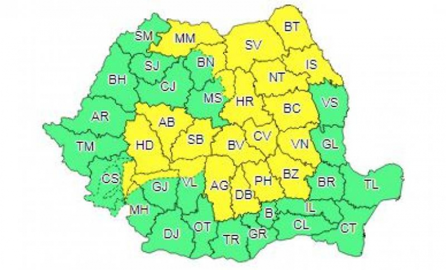 Cod galben de vijelii şi ploi torenţiale în 23 de judeţe