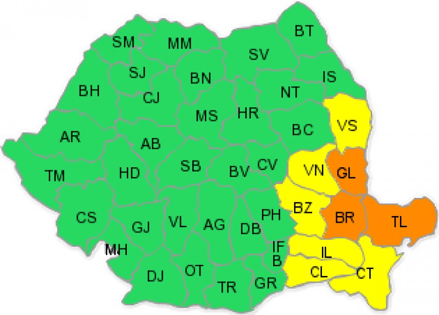 AVERTIZARE METEOROLOGICĂ: Judeţele Galaţi, Brăila şi Tulcea, sub cod portocaliu 