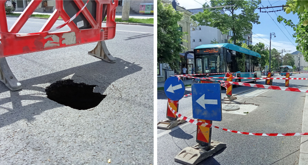 Poza zilei. Strada care se surpă într-o parte, în timp ce e reparată în ...