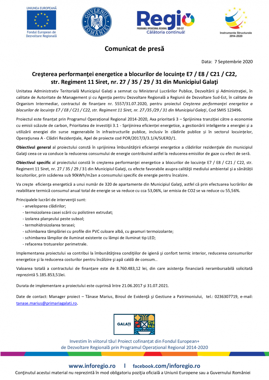 Creşterea performanţei energetice a blocurilor de locuinţe E7 / E8 / C21 / C22, str. Regiment 11 Siret, nr. 27 / 35 / 29 / 31 din Municipiul Galaţi