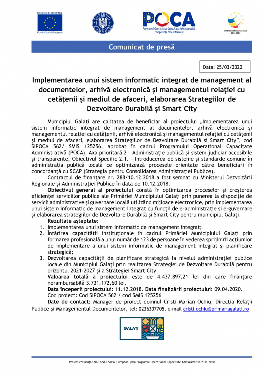 Anunț privind implementarea unui sistem informatic