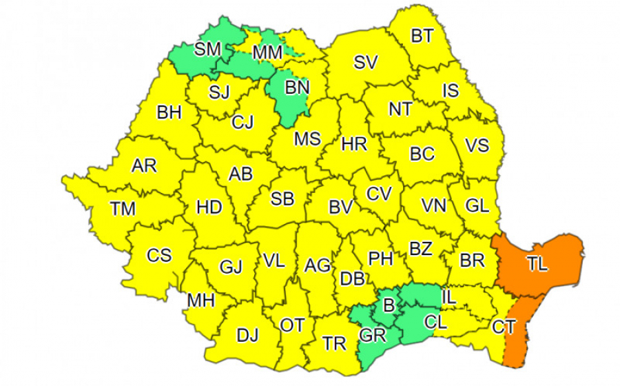 Aproape toată țara este sub cod galben. Cod portocaliu de ploi abundente în Constanța și Tulcea