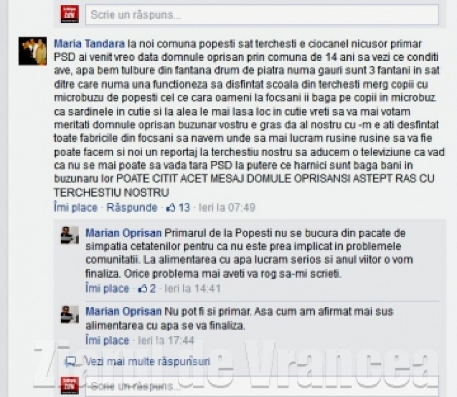 VRANCEA/ Primar pârât pe Facebook de săteni şefului de partid