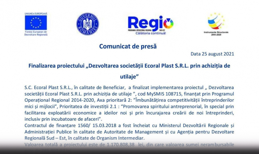 Finalizarea proiectului „Dezvoltarea societății Ecoral Plast S.R.L. prin achiziția de utilaje”