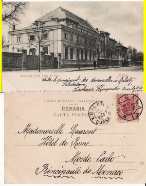 Clădirea, de patrimoniu, a fostului pension de domnişoare, într-o carte poştală trimisă spre Monaco