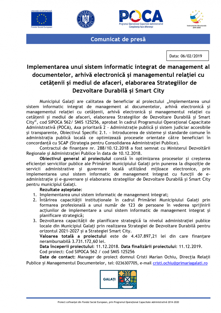 Implementarea unui sistem informatic integrat de management al documentelor, arhivă electronică și managementul relației cu cetățenii și mediul de afaceri, elaborarea Strategiilor de Dezvoltare Durabilă și Smart City