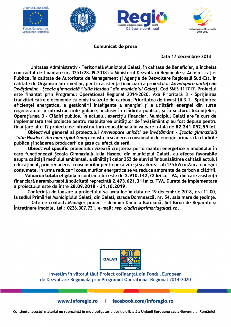 Comunicat de presă. Anvelopare unități de învățământ - Școala gimnazială Iulia Hașdeu