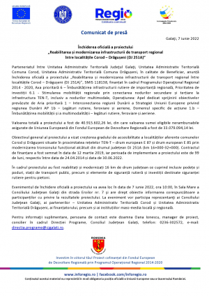 Închiderea oficială a proiectului „Reabilitarea și modernizarea infrastructurii de transport regional între localitățile Corod – Drăgușeni (DJ 251A)”