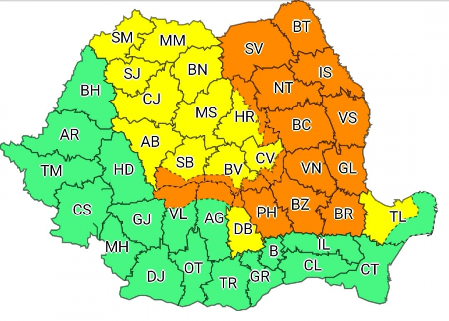 Cod portocaliu de vijelii puternice, ploi și grindină valabil pentru județul Galați