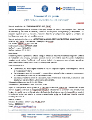 Mobilier, materiale didactice şi echipamente digitale pentru şcolile din comuna Cosmeşti